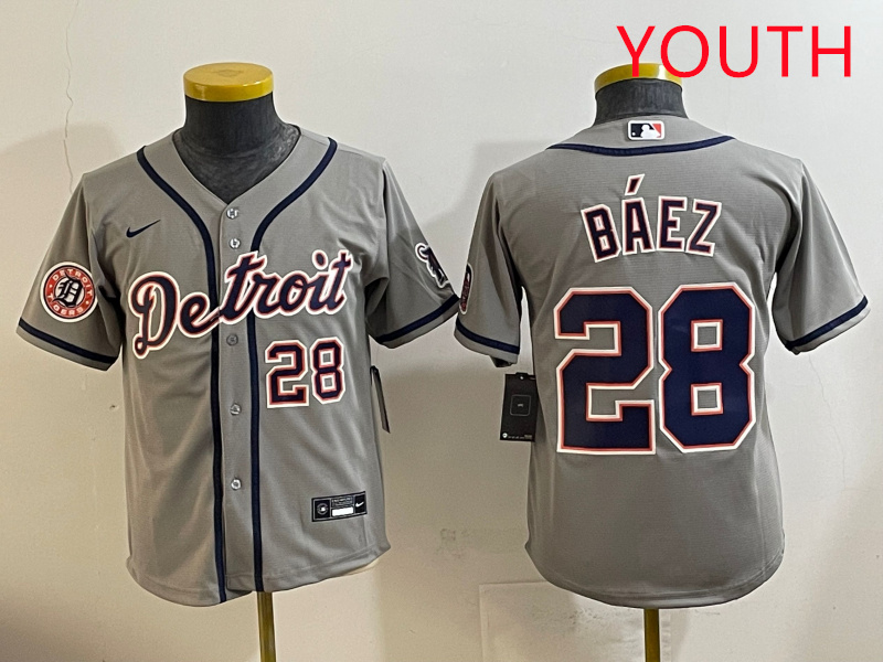 Youth 2025 Detroit Tigers #28 Baez grey Nike MLB jersey style 16->youth mlb jersey->Youth Jersey